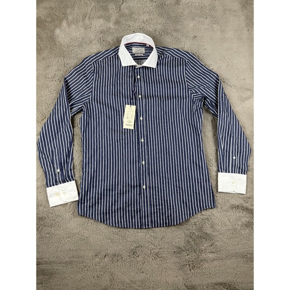 NWT Gianni Feraud Men's‎ Size 16 Slim Fit Navy Butcher Stripe Long Sleeve Shirt - Picture 1 of 13
